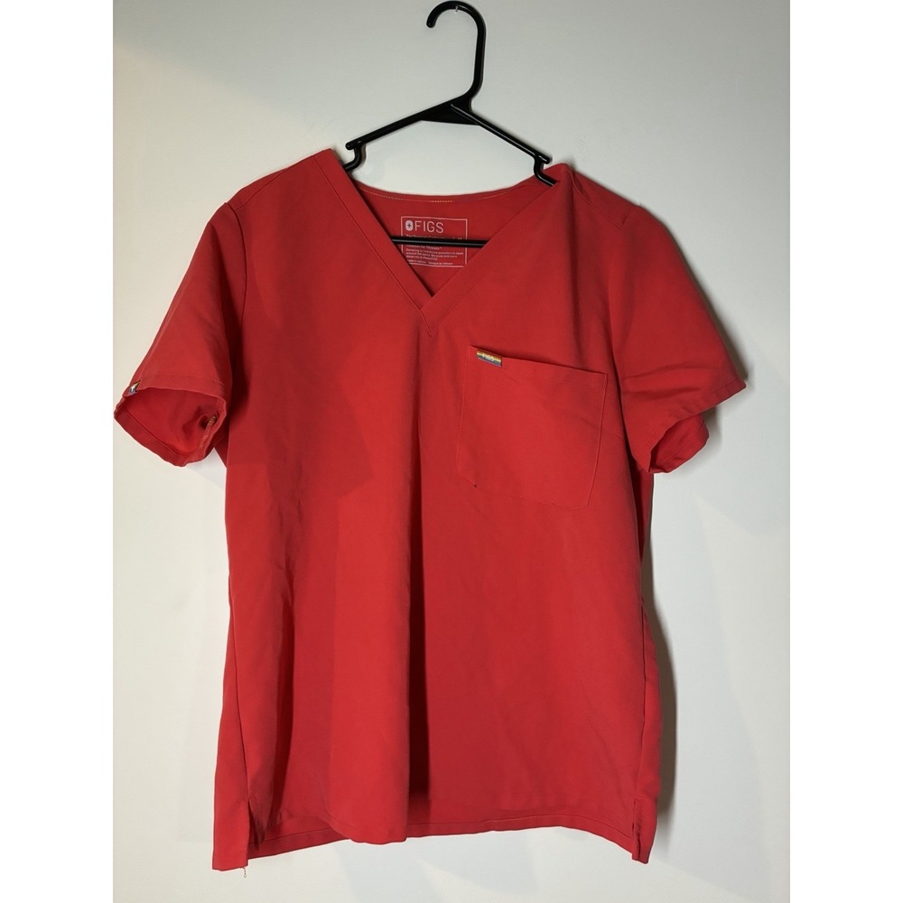 Women's Figs Pop red Catarina one pocket scrub top Pride logo M Pen Stain